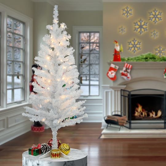 4ft. Pre-Lit White Iridescent Tinsel Artificial Christmas Tree, Clear Lights